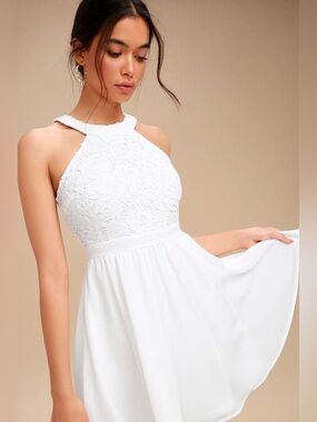 🤍 LULUs Lover's Game White Lace Skater Dress. Size XL